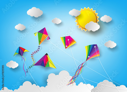 Colorful Kites Flying in Blue Sky with Sun and Clouds