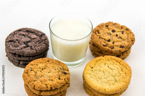 variety of cookies and glass of milk