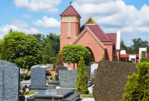 Tombstones and a chapel in the cemetery