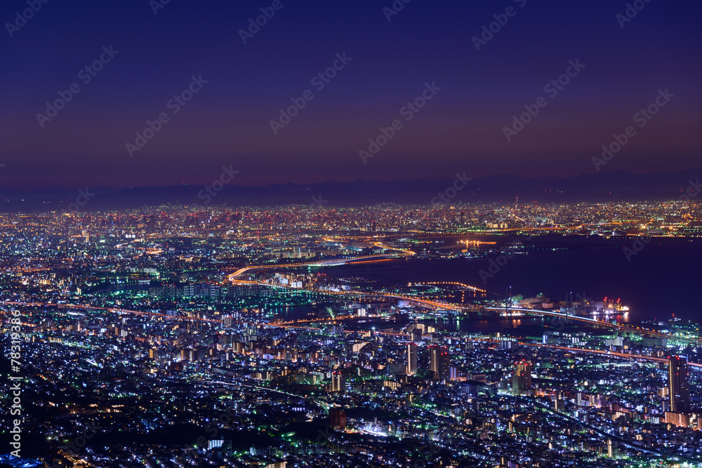 Osaka and Kobe in the twilight, View from the Kukuseidai of Mt.M