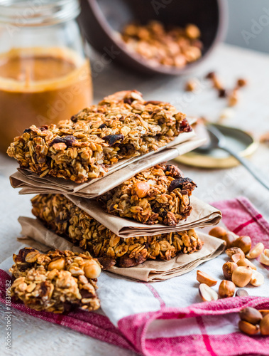 protein bars granola with seeds, peanut butter and dried fruit,