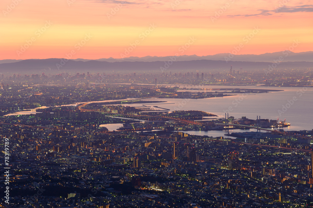 Osaka and Kobe in the twilight, View from the Kukuseidai of Mt.M