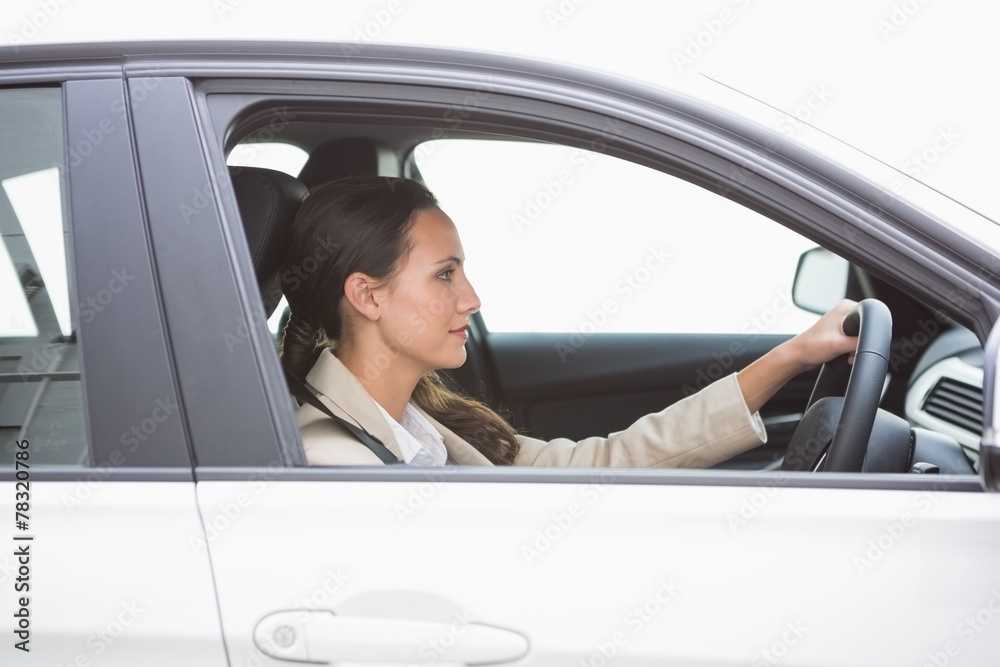 Focused pretty business woman driving