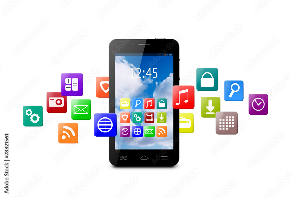 Touchscreen smartphone with cloud of colorful application icons Touchscreen smartphone with cloud of colorful application icons