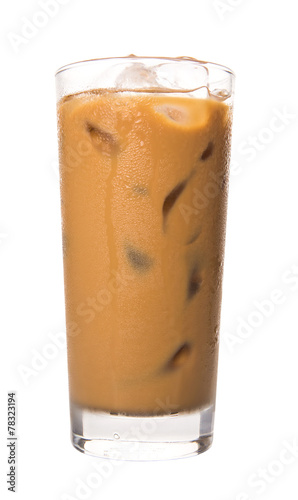 Ice coffee in a glass over white background