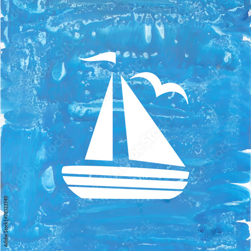 Ship in blue aqarelle background