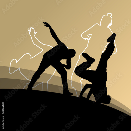 Active young man and woman dancers silhouettes in abstract line