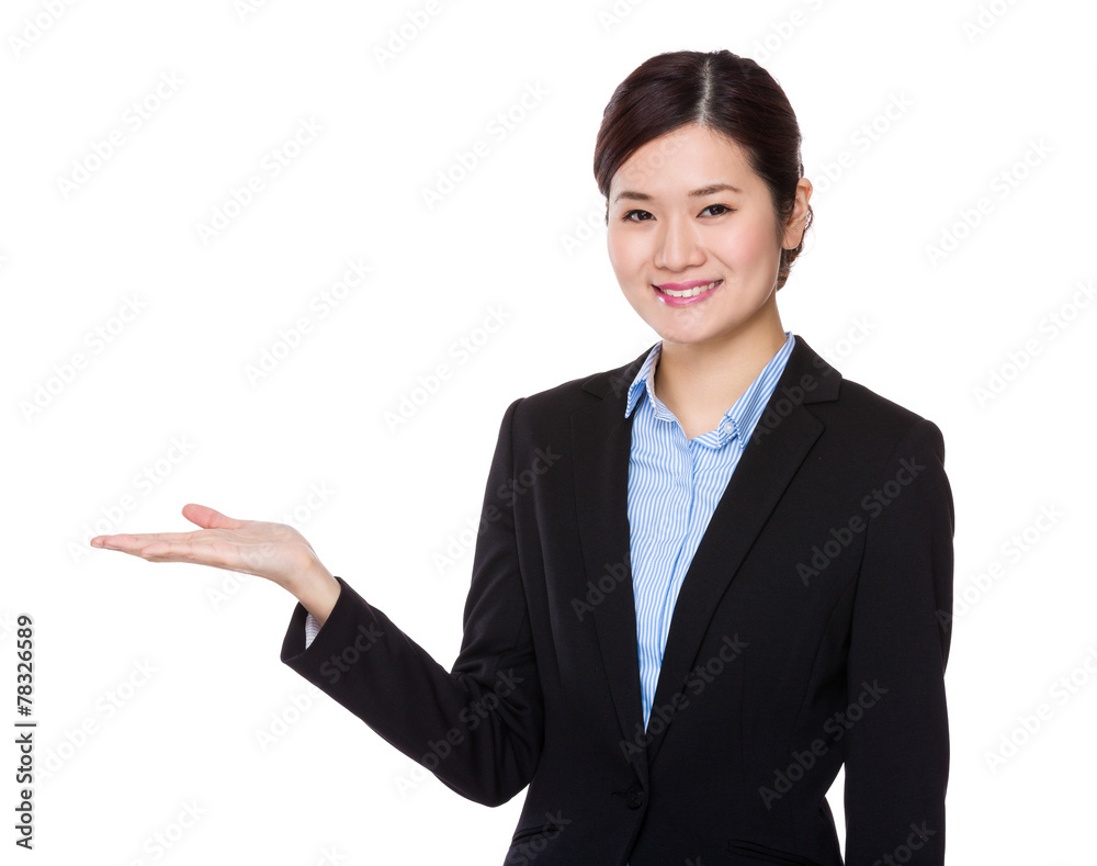 Businesswoman with open hand palm Businesswoman with open hand palm