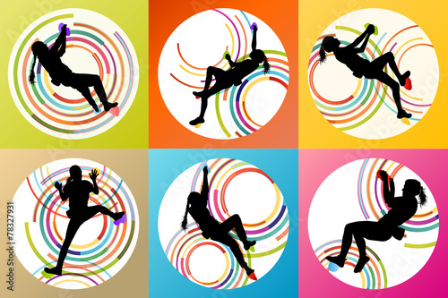 Girl climbing rock wall set vector background concept