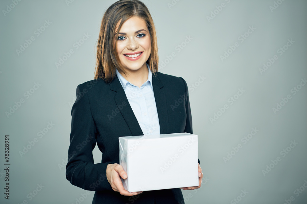 Smiling business woman hold white business board. blank card. c Smiling business woman hold white business board. blank card. c