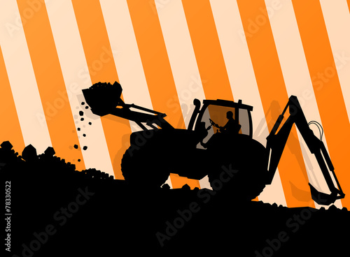 Excavator loader hydraulic machine tractor and worker digging at