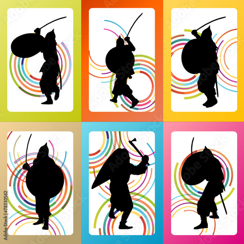Medieval warrior, crusader vector background set concept