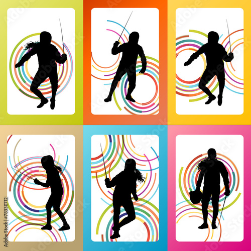 Fencing sport silhouette vector background set concept