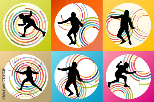 Fencing sport silhouette vector background set concept