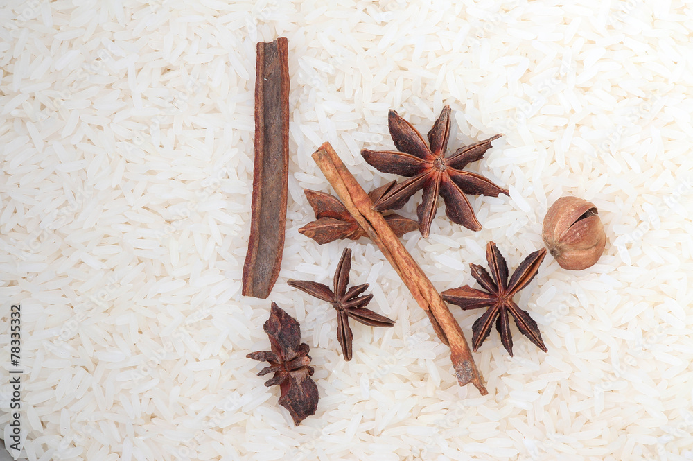 Spices and Herbs on White Rice in Metal Blow Spices and Herbs on White Rice in Metal Blow