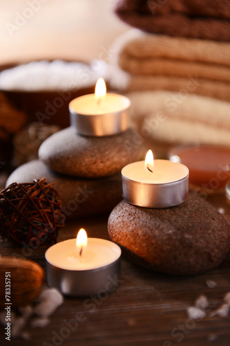 Composition of spa treatment on wooden background