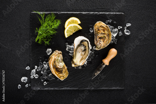 Fresh oysters on a black stone plate top view photo