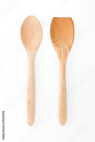 Wooden ladle and spatula on white background, kitchen utensils