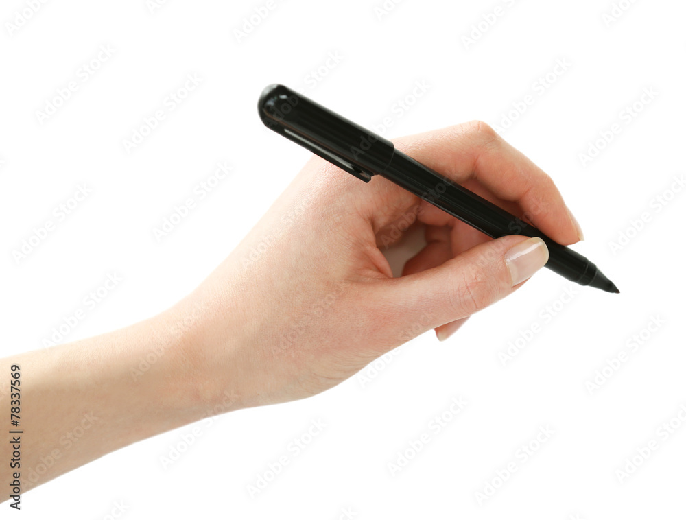 Male hand with black marker isolated on white Male hand with black marker isolated on white
