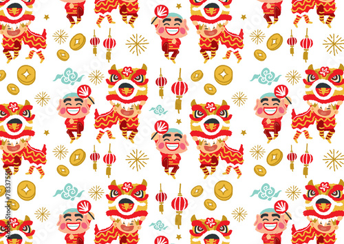 Chinese New Year Lion Dancing pattern - freehand drawing vector 