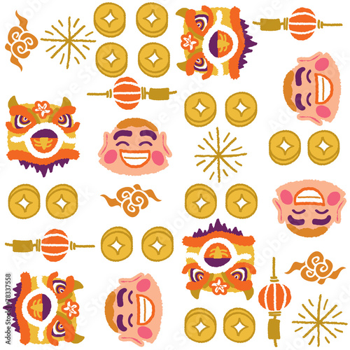 Chinese New Year Lion Dancing pattern - freehand drawing vector 