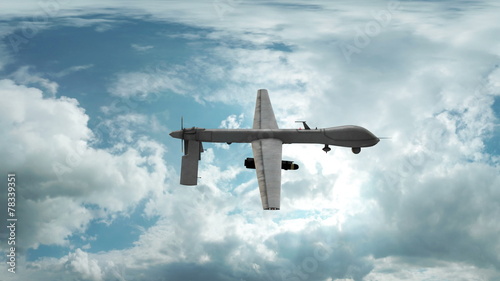 Aerial drone animation flying through cloudy sky.