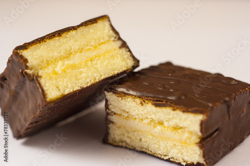 Biscuit cake cut in half close up