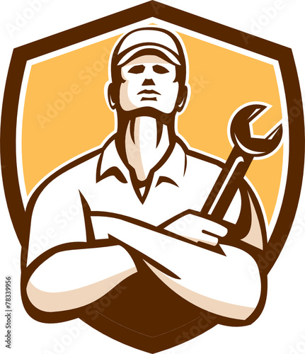 Mechanic Arms Crossed Wrench Shield Retro