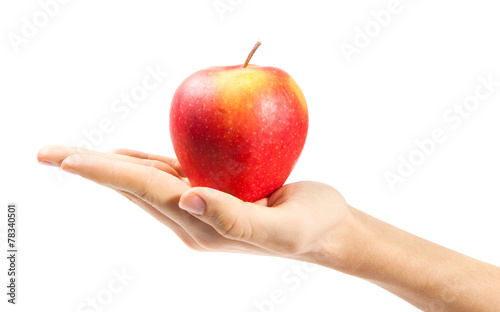 hand holding apple isolated on white background