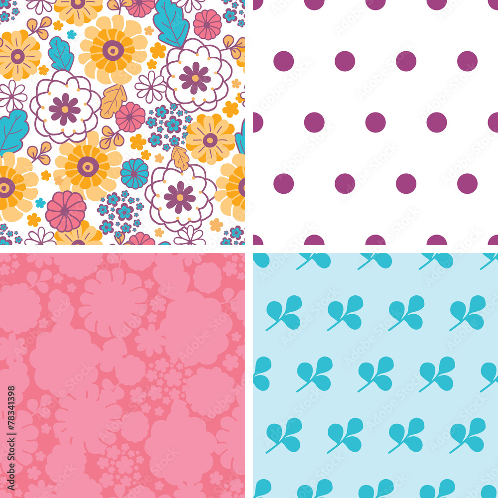 Vector colorful oriental flowers set of four marching repeat