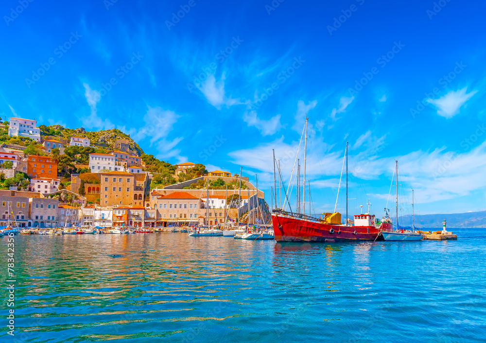 The pictorial port of Hydra island in saronic gulf in Greece