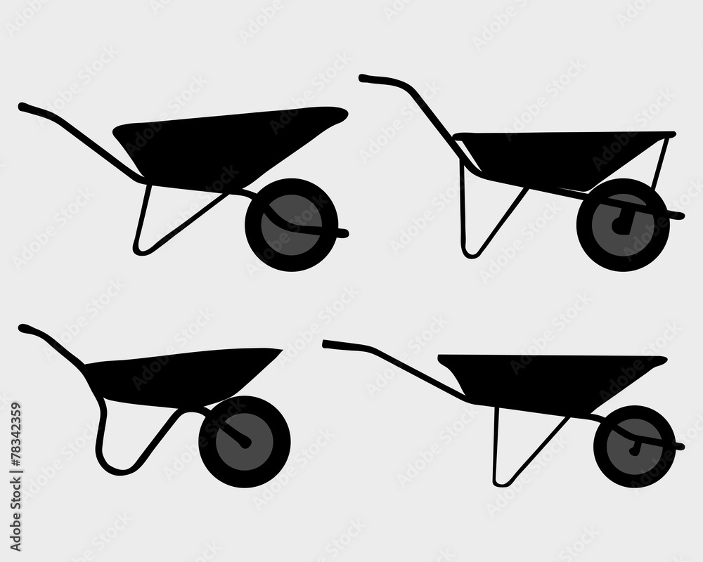 Black silhouettes of garden wheelbarrow, vector Black silhouettes of garden wheelbarrow, vector