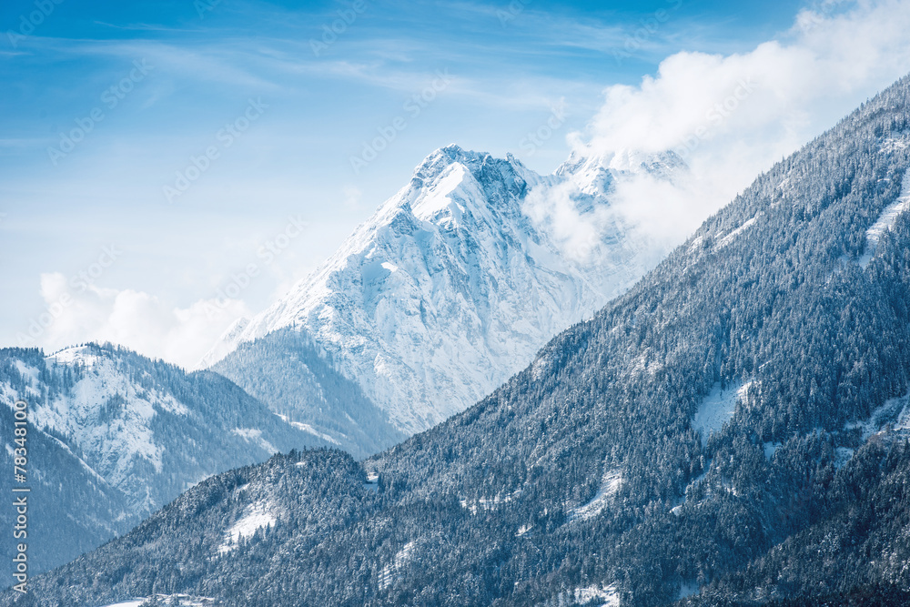 Sunny snow covered alpine landscape