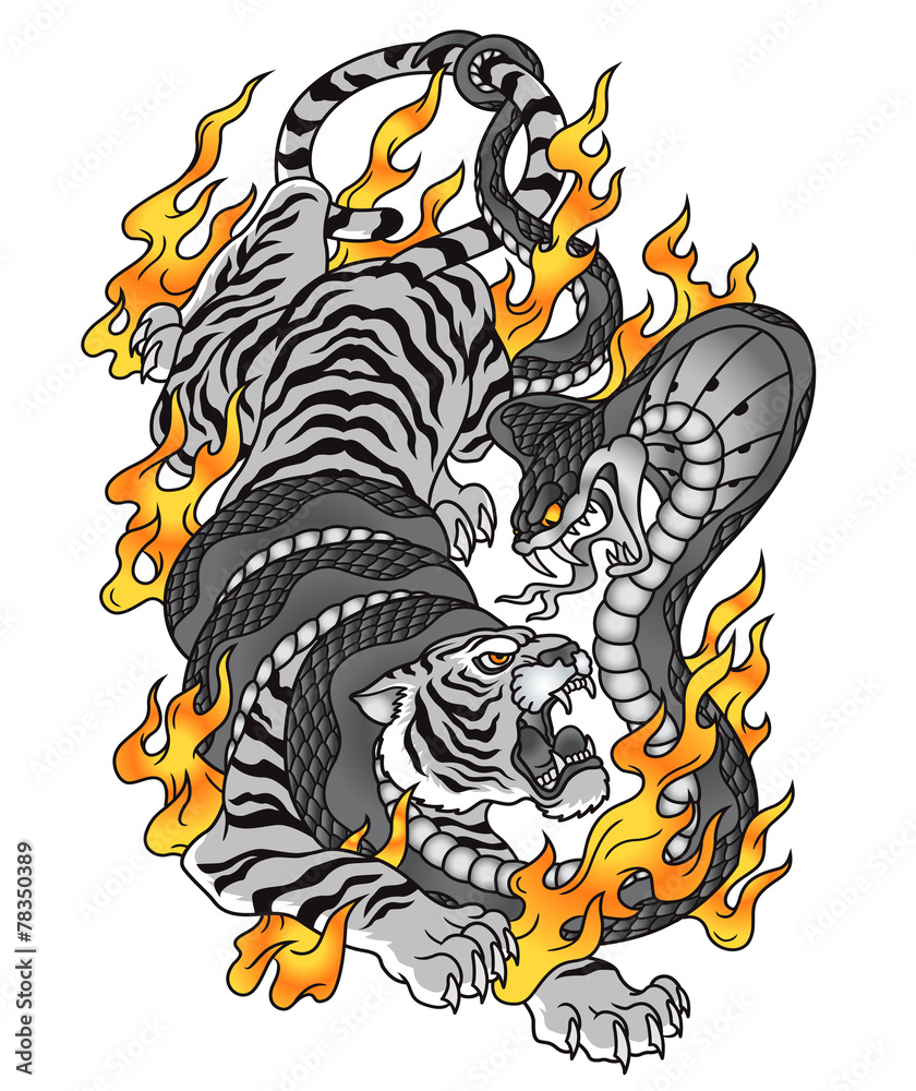 Naklejka premium Tiger cobra fire tattoo graphic