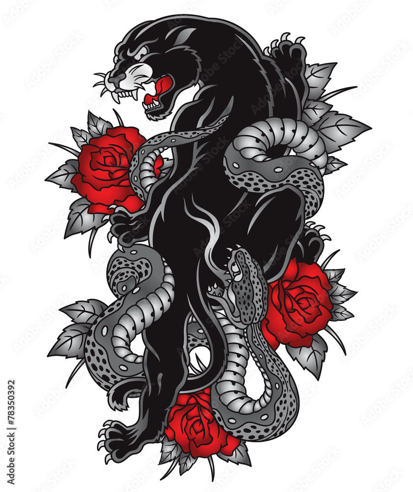 Fototapeta premium Grafika tatuażu pantery wąż róże
