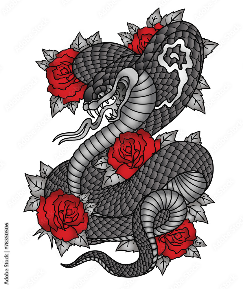 Fototapeta premium Cobra roses tattoo graphic