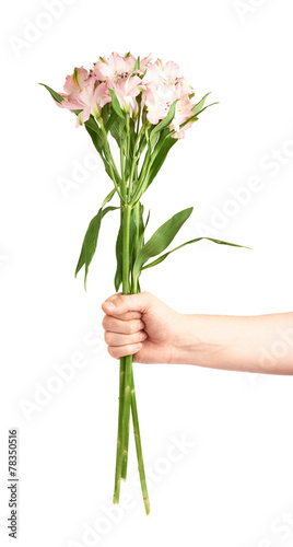Hand holding bouquet of alstroemerias photo