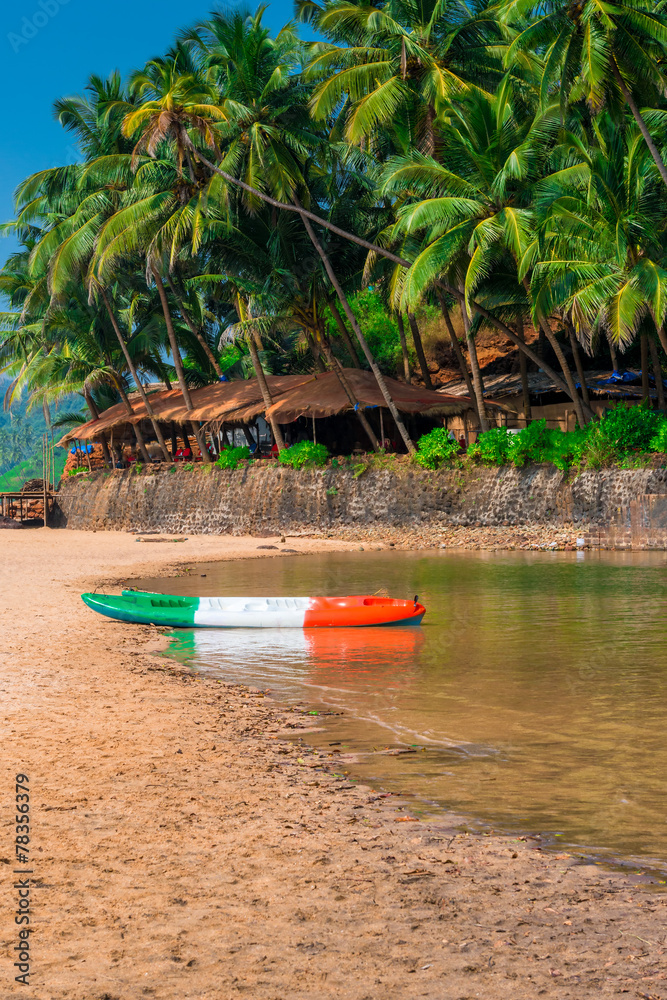 sandy beach in the tropics and canoes by the river