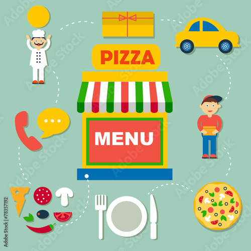set of flat vector icons for pizza online order