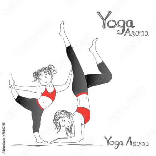 girl and woman doing yoga poses,  vector illustration