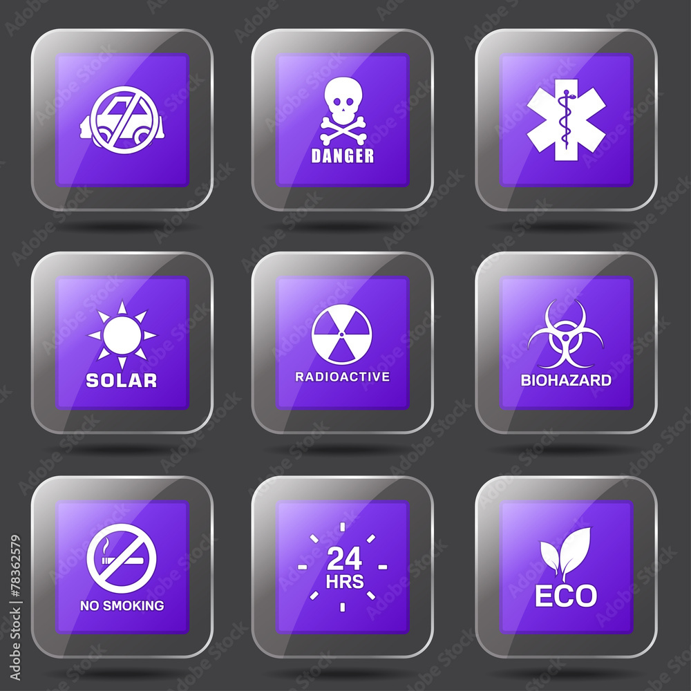 Warning Sign Square Vector Violet Icon Design Set Warning Sign Square Vector Violet Icon Design Set