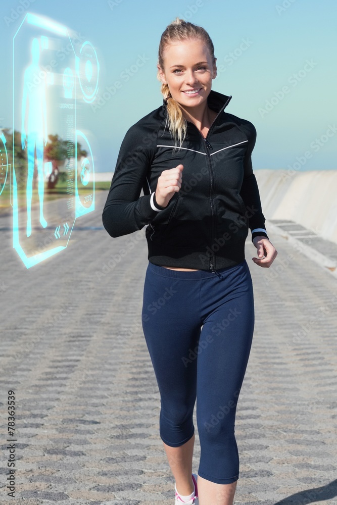 Composite image of fit blonde jogging on the pier Composite image of fit blonde jogging on the pier