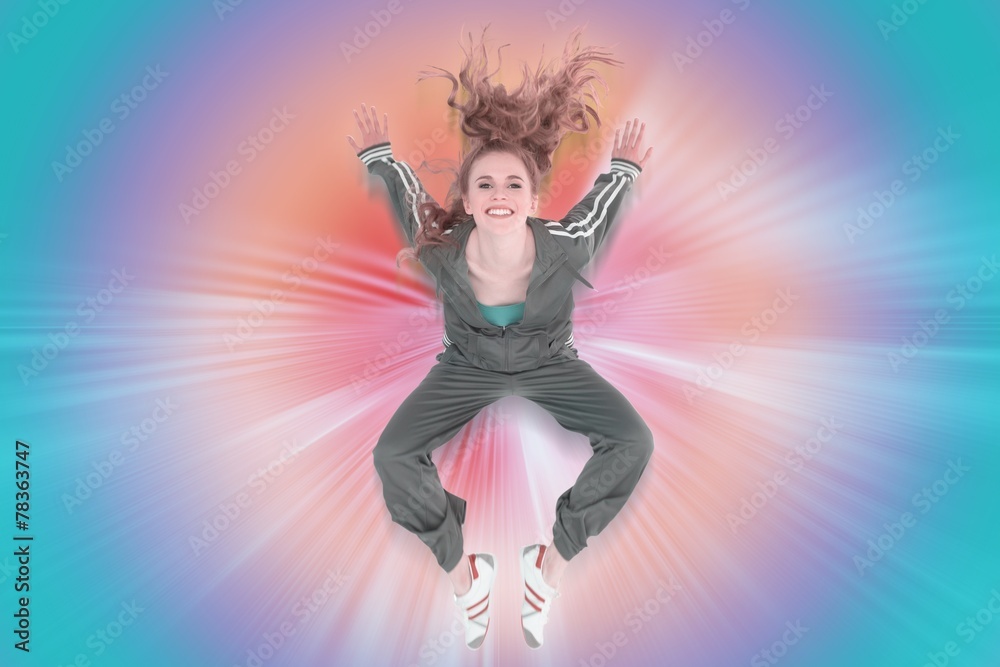 Composite image of full length of a sporty young blond jumping