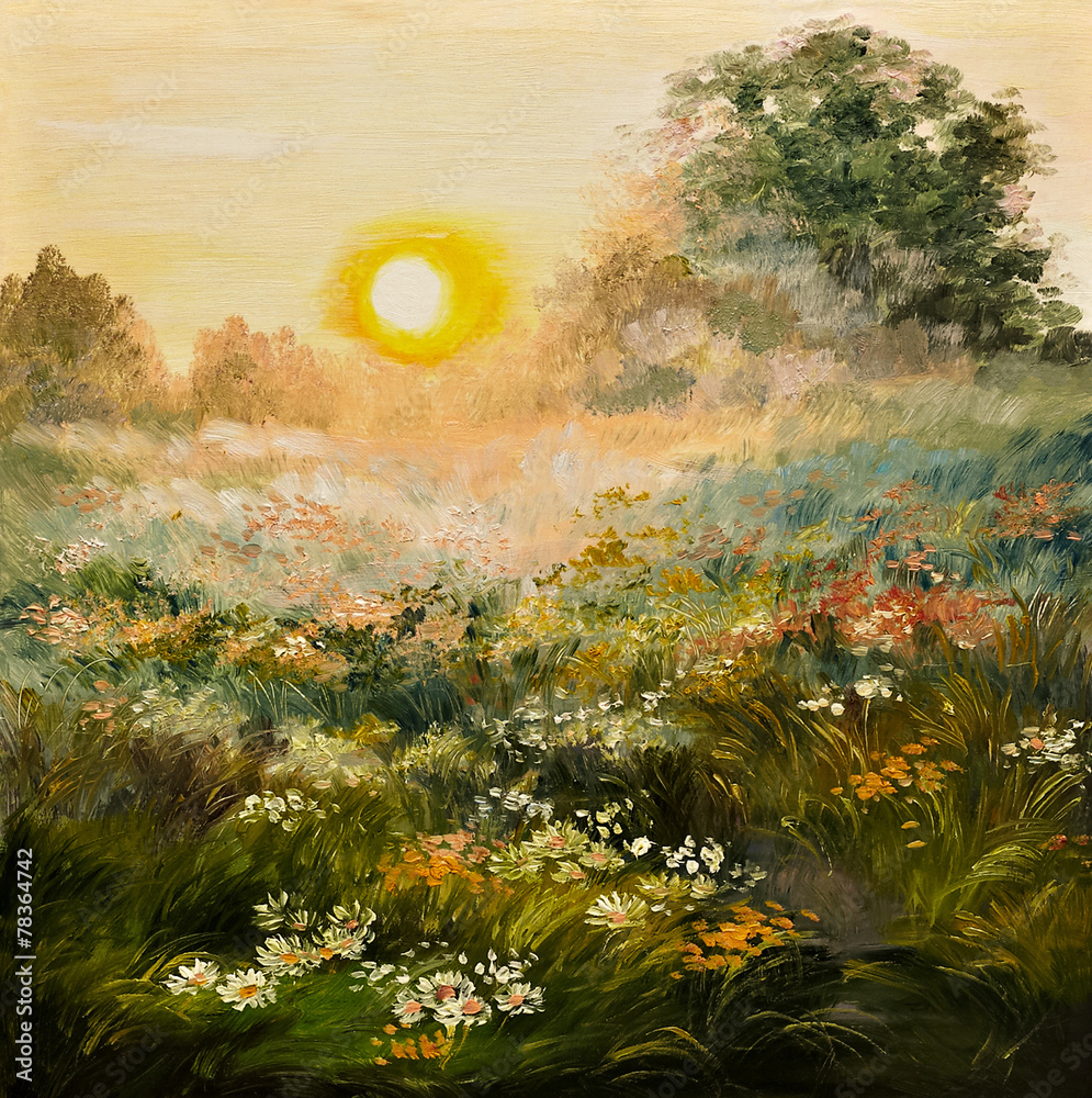 Obraz premium oil painting - sunrise in the field, art work