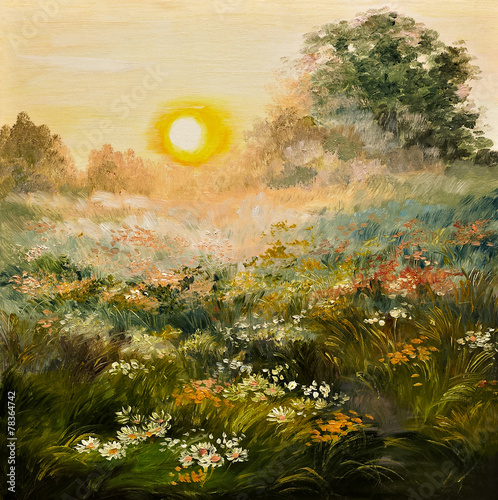 oil painting - sunrise in the field, art work