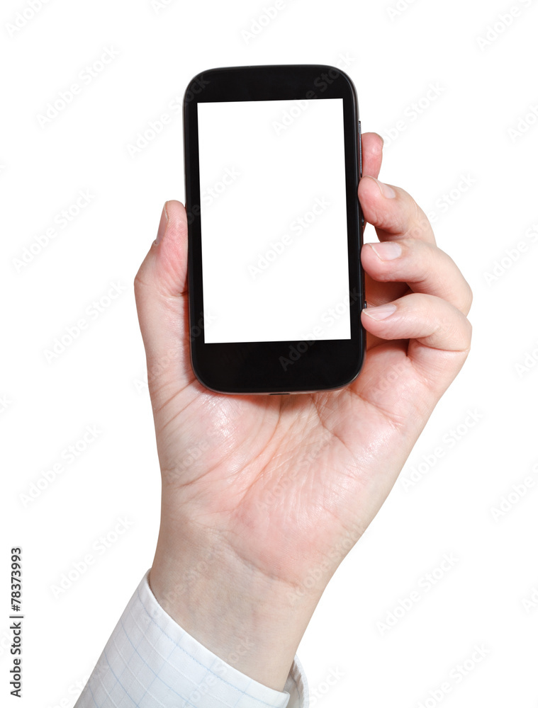 businessman holds smartphone with cut out screen