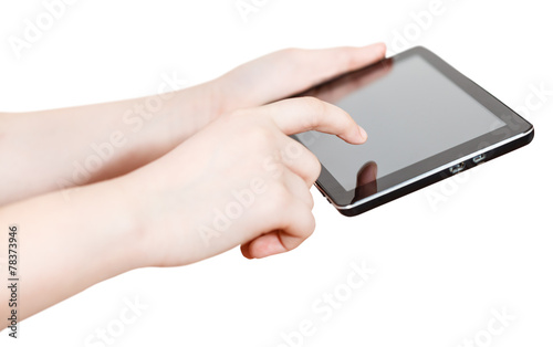 girl holding and clicking tablet-pc screen isolated