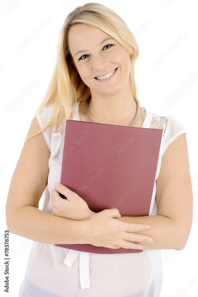 Frau mit Bewerbungsmappe vor Bewerbungsgespräch Frau mit Bewerbungsmappe vor Bewerbungsgespräch