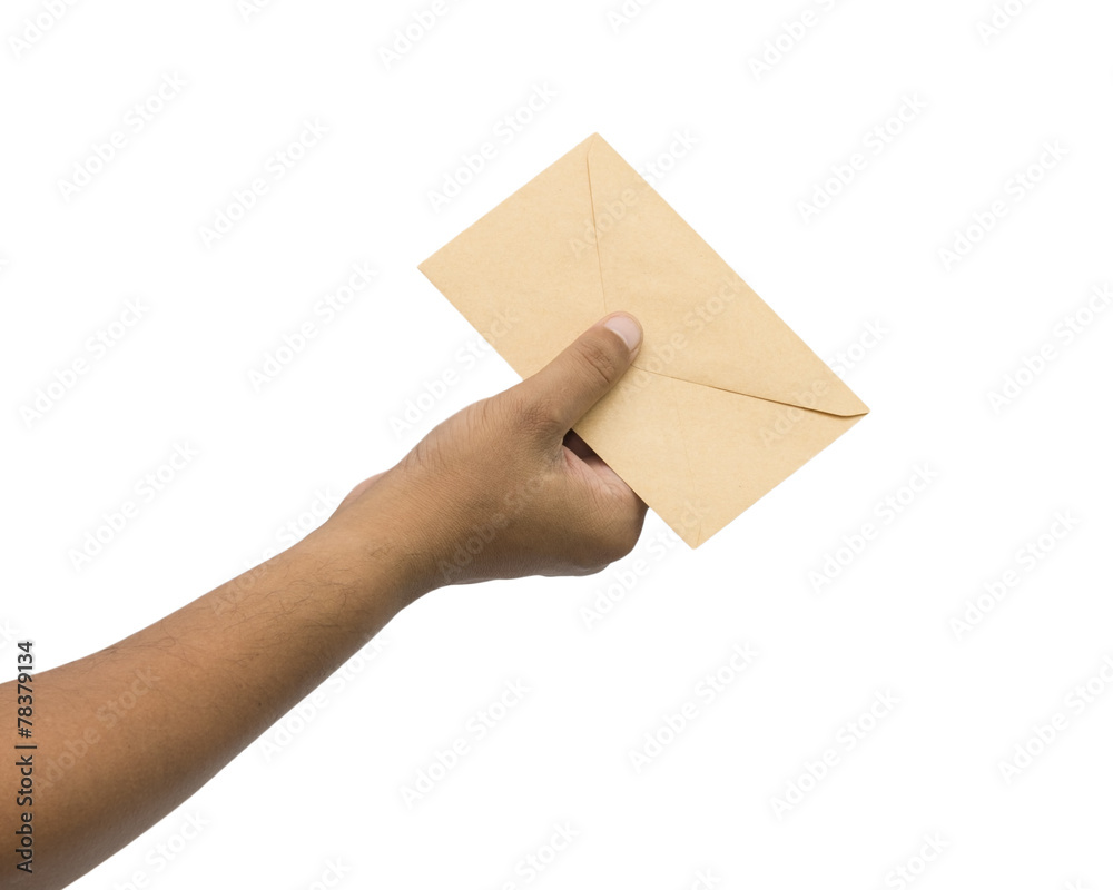 Male hand holding blank envelope isolated on white background