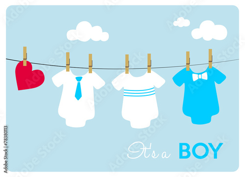 baby shower card, different colorful baby bodysuits